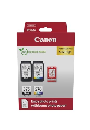 Canon Original Ink PG-575 / CL-576 (2 Ink Cartridges; Black+Color) - Photo Value Pack (incl. Canon Photo Paper GP-501 50 Sheets 10x15cm) on Sale